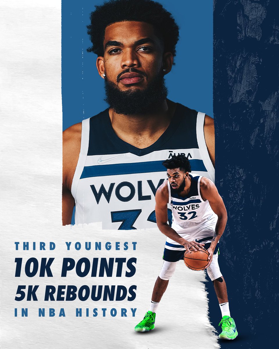TimberWolves_Uy's tweet image. #RaisedByWolves 

Ayer @KarlTowns alcanzó los 10.000 puntos y 5.000 rebotes. Siendo el tercer jugador más joven en la historia de la NBA en llegar a esta cifra con 2️⃣6️⃣ años y 36 días.

El podio
➡ Dwight Howard (25a,95d)
➡ Kareem Abdul-Jabbar (25a,343d).
➡ KAT (26a,36d)