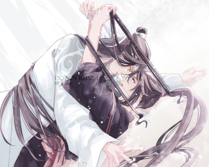 藍湛の髪で遊びたい魏嬰だし、魏嬰にだけは好きに触らせてあげる藍湛
#魔道祖師 #忘羨 