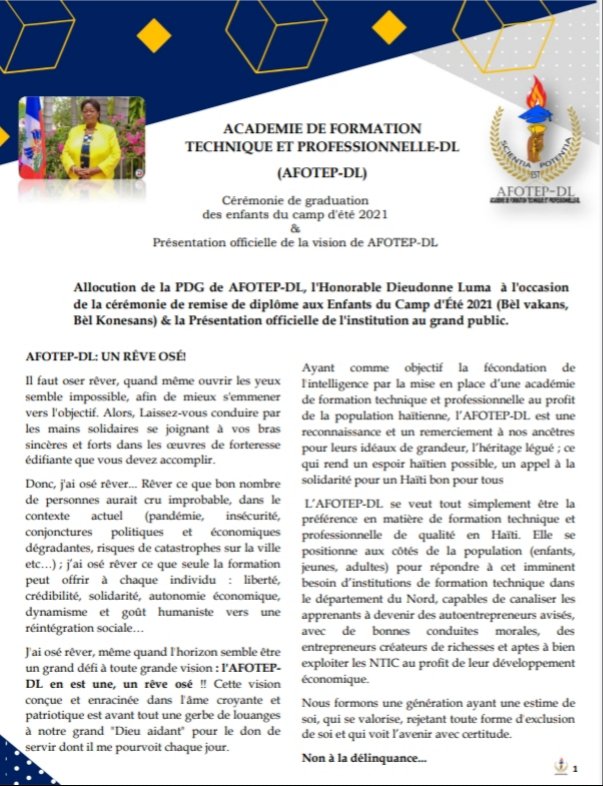 DieudonneLuma's tweet photo. Mon allocution en tant que Présidente du Conseil de Gestion de l'AFOTEP-DL, à l'occasion de la cérémonie de remise de diplôme aux Enfants du Camp d'Été 2021 (Bèl vakans, Bèl Konesans) &amp; la Présentation officielle de l'institution au grand public en date du 19 Décembre 2021. https://t.co/NeegtJO56w