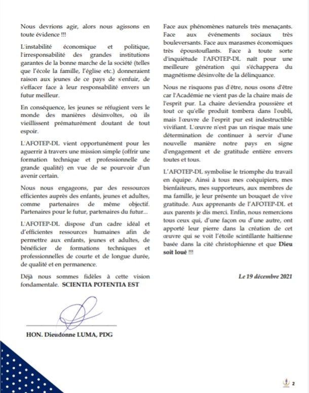 DieudonneLuma's tweet photo. Mon allocution en tant que Présidente du Conseil de Gestion de l'AFOTEP-DL, à l'occasion de la cérémonie de remise de diplôme aux Enfants du Camp d'Été 2021 (Bèl vakans, Bèl Konesans) &amp; la Présentation officielle de l'institution au grand public en date du 19 Décembre 2021. https://t.co/NeegtJO56w