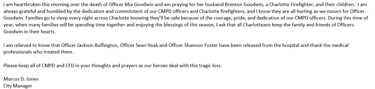 Statement from the City Manager on the passing of CMPD Officer Mia Goodwin: