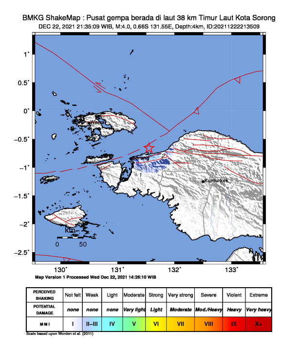 infoBMKG's tweet photo. #Gempa Mag:4.0, 22-Des-21 21:35:09 WIB, Lok:0.66 LS, 131.55 BT (Pusat gempa berada di laut 38 km Timur Laut Kota Sorong), Kedlmn:4 Km Dirasakan (MMI) III Sorong #BMKG https://t.co/lfPM8uppyo