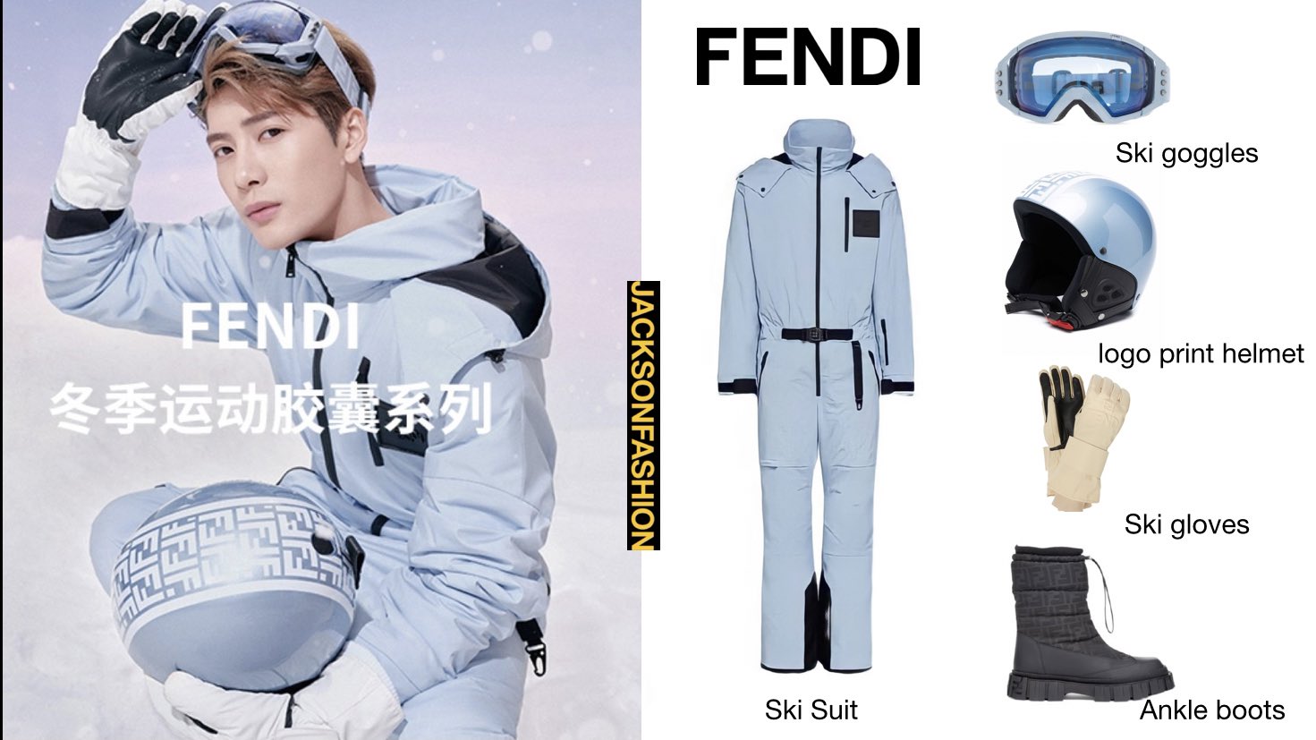 ً on X: #jacksonwang wears - FENDI Ski Suit - FENDI Ski goggles - FENDI  logo print helmet - FENDI Ski gloves - FENDI Ankle boots @JacksonWang852   / X