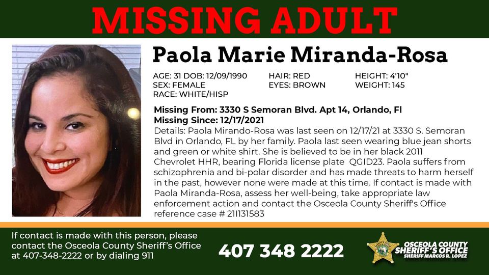 OrangeCoSheriff's tweet photo. MISSING: If you have any information about the location of Paola Marie Miranda-Rosa, please call the Osceola County Sheriff's Office at  407-348-2222. 

Her car was located yesterday at Wekiwa Springs State Park. Orange County deputies have resumed the search this morning. https://t.co/HbOd5J5jlL