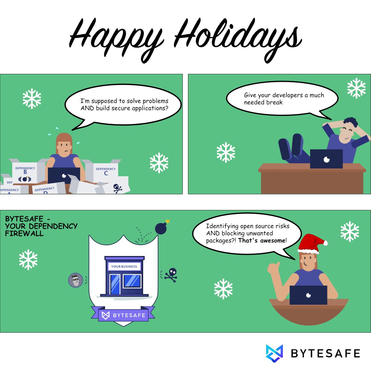 bytesafedev's tweet photo. Happy Holidays from the Team @bytesafedev!
2021 goes to history as a year of supply chain security, but our #DependencyFirewall is here to help. Get a glimpse of our 2022 roadmap: https://t.co/TNtuGRn2aE

#christmas #devops #opensource #supplychain #security #cybersecurity #log4j https://t.co/helTAU1xU7