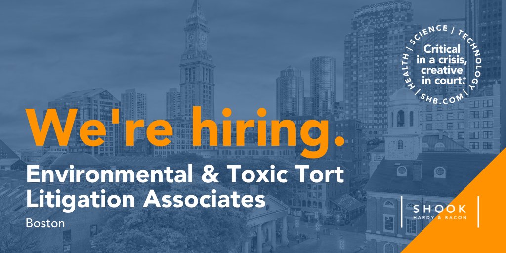 SHBLaw's tweet photo. The Boston office is seeking an associate for our Environmental &amp; Toxic Tort Litigation practice group: https://t.co/lZYLeysbcV. #LegalCareer #BostonJobs #Hiring #EnvironmentalLitigation #BOSJobs https://t.co/ZQniRYxwum