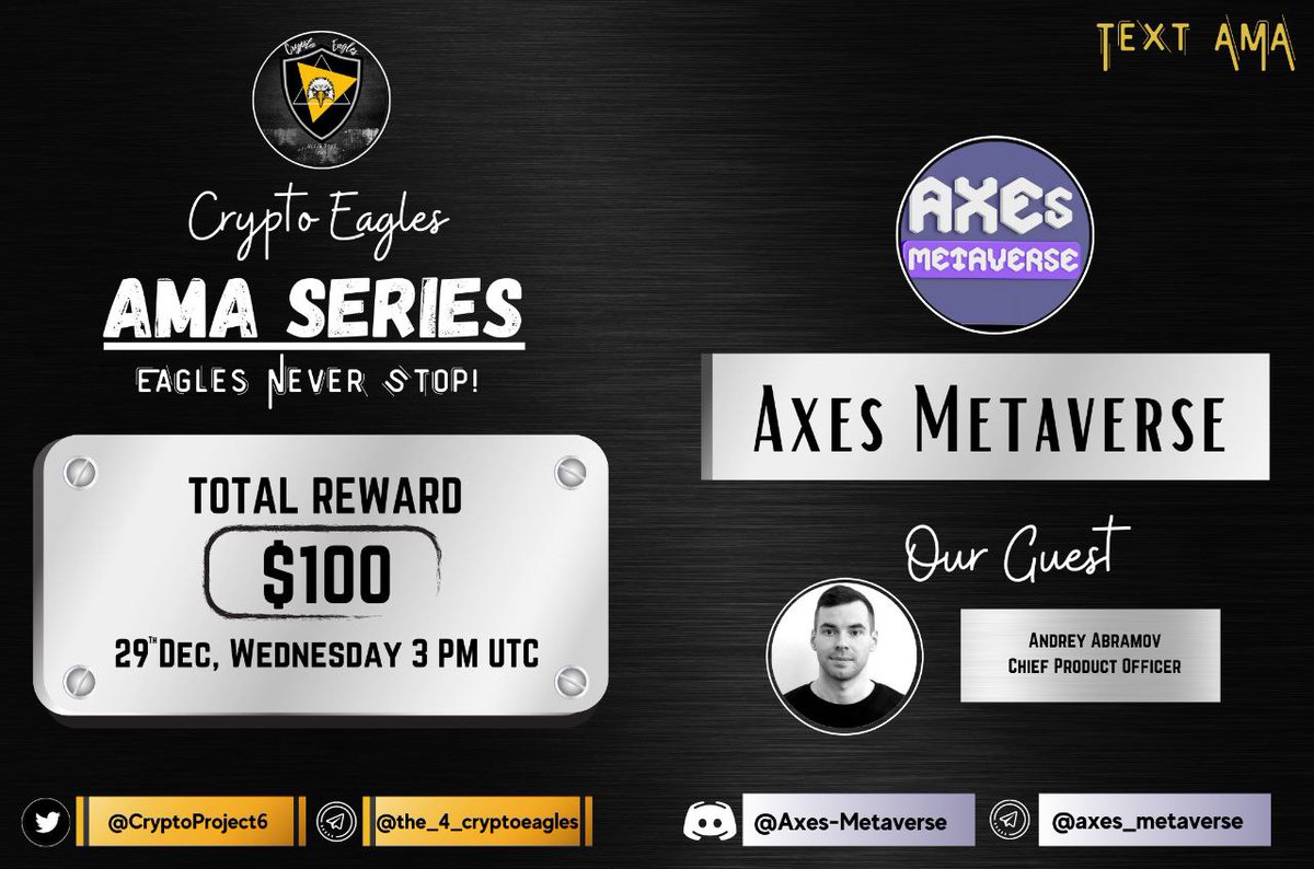 CryptoProject6's tweet photo. We are pleased to announce our next AMA on December 29th, 2021 at 3 PM UTC.

@CryptoProject6

 x 
@AxesMetaverse

Reward : $100 
Requirements:
Follow :-
@CryptoProject6
 &amp; 
@AxesMetaverse

Like, RT, Tag your 3 Friends. https://t.co/f5XOf5Sk6U