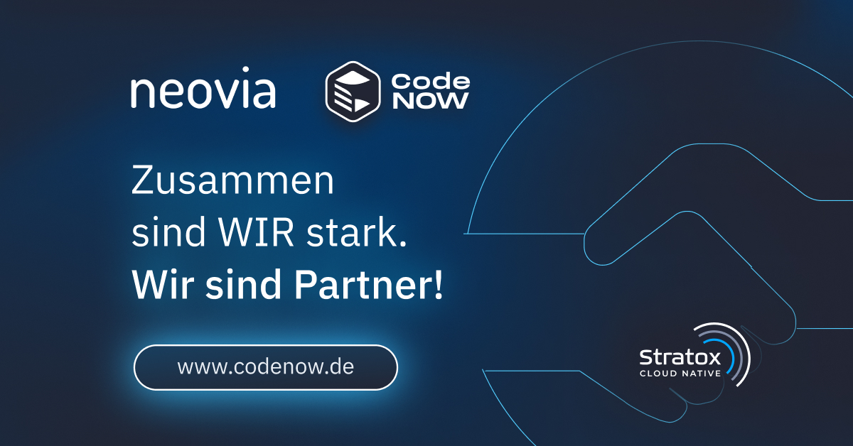 Kurz vor Weihnachten freuen wir uns, Neovia als unseren neuen Kunden für CodeNOW! begrüßen zu dürfen.

Ein interessantes Interview zwischen uns und dem CEO Martin Kucera von Neovia werden wir in Kürze auf unserer Website veröffentlichen.

#neovia #CodeNOW #Partnerschaft