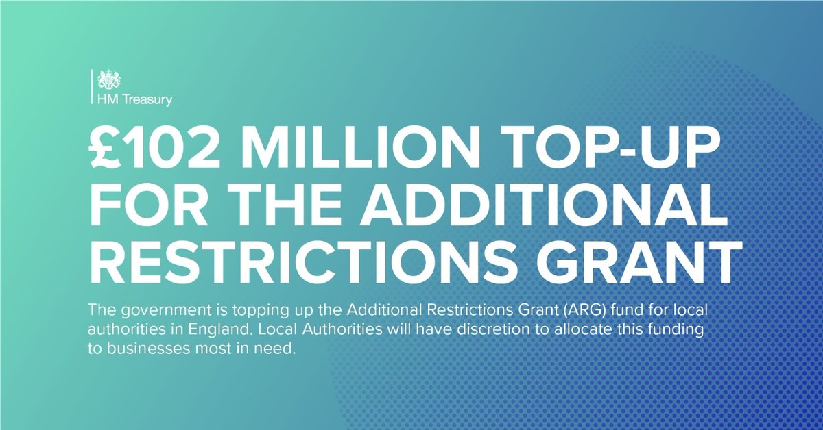 Text on a graphic: £102 million top-up for the Additional Restrictions Grant. The government is topping up the Additional Restrictions Grant (ARG) fund for Local Authorities in England. Local Authorities will have discretion to to allocate this funding to businesses most in need.