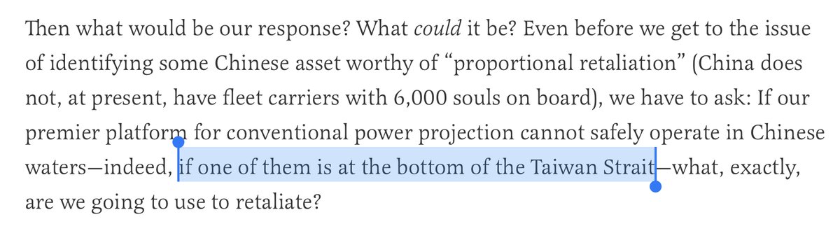 He finishes his carrier discussion by asking what we'd do if one of our carriers were to end up "at the bottom of the Taiwan Strait". One hopes he's saying this for mass audience effect, because if he really thinks U.S. carriers would be operating in the Strait itself, well...