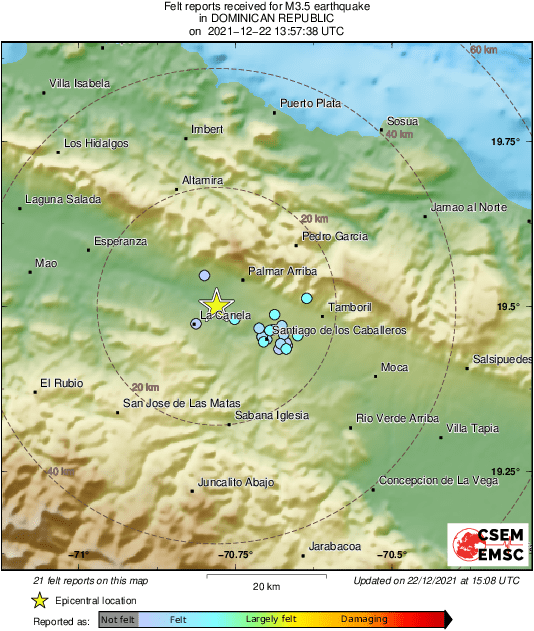 Map of felt reports received so far following the #earthquake M3.5 in Dominican Republic 1hr 11min ago