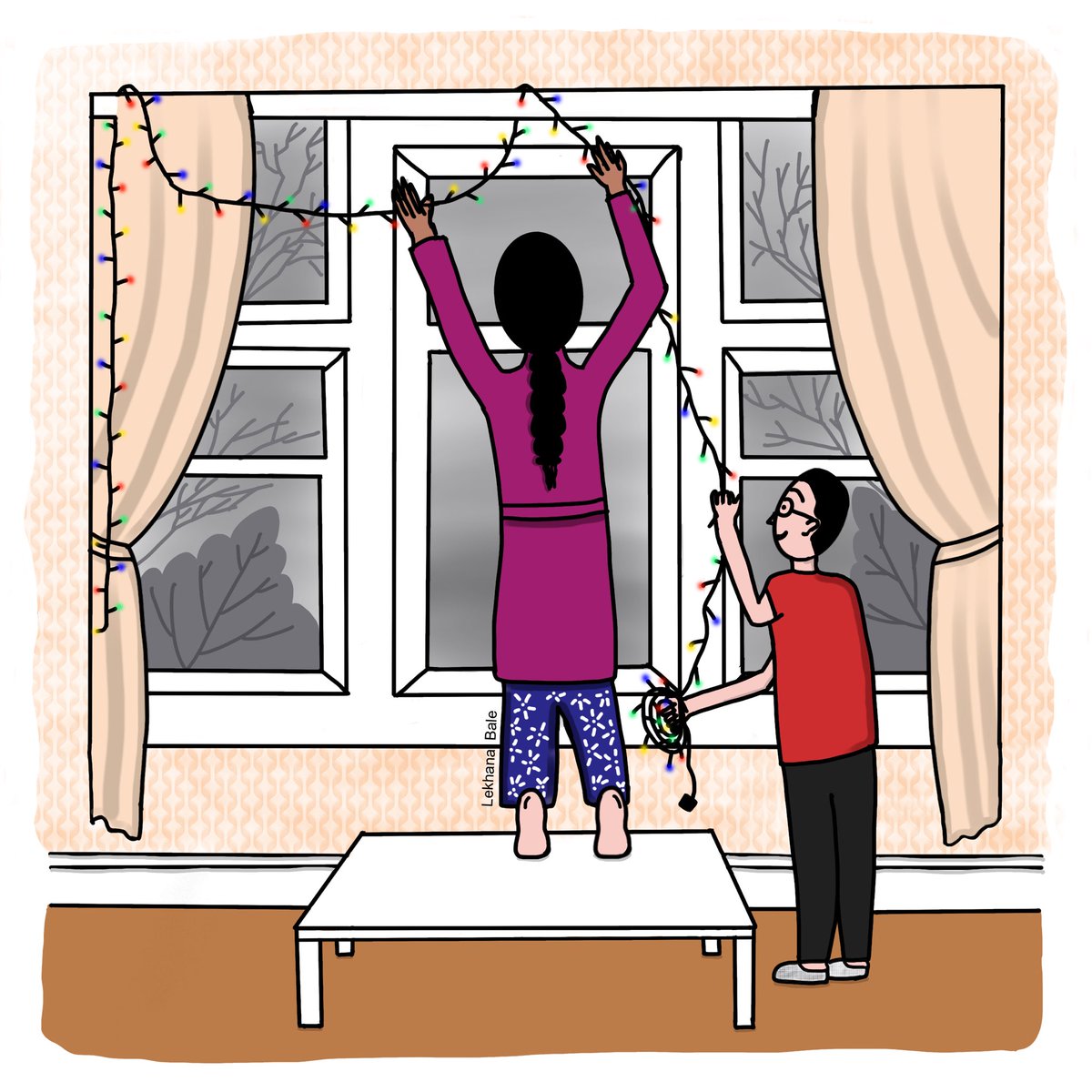 lekhanabale's tweet photo. A few days ago we put up our Christmas lights which made me think of capturing the moment in an illustration. I nearly fell off the coffee table as I was standing on my tiptoes 😅

#Christmas2021 #Christmas #ChristmasAtHome #digitalart #Procreate #illustration #ChristmasLights https://t.co/vC6SeMcnXr