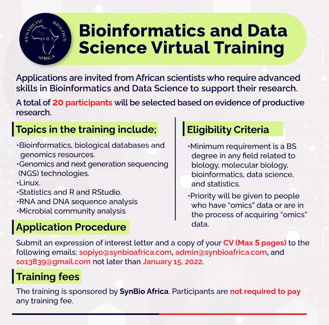 otimgeoffrey25's tweet photo. Call for applications is now open for #African #Scientists who require advanced skills in #Bioinformatics and #datascience. Proudly sponsored by @SynBioAfrica to train upto 20 scientists especially those who have "omics" data or in the process of acquiring "omics" data. https://t.co/AvOoRApKZp