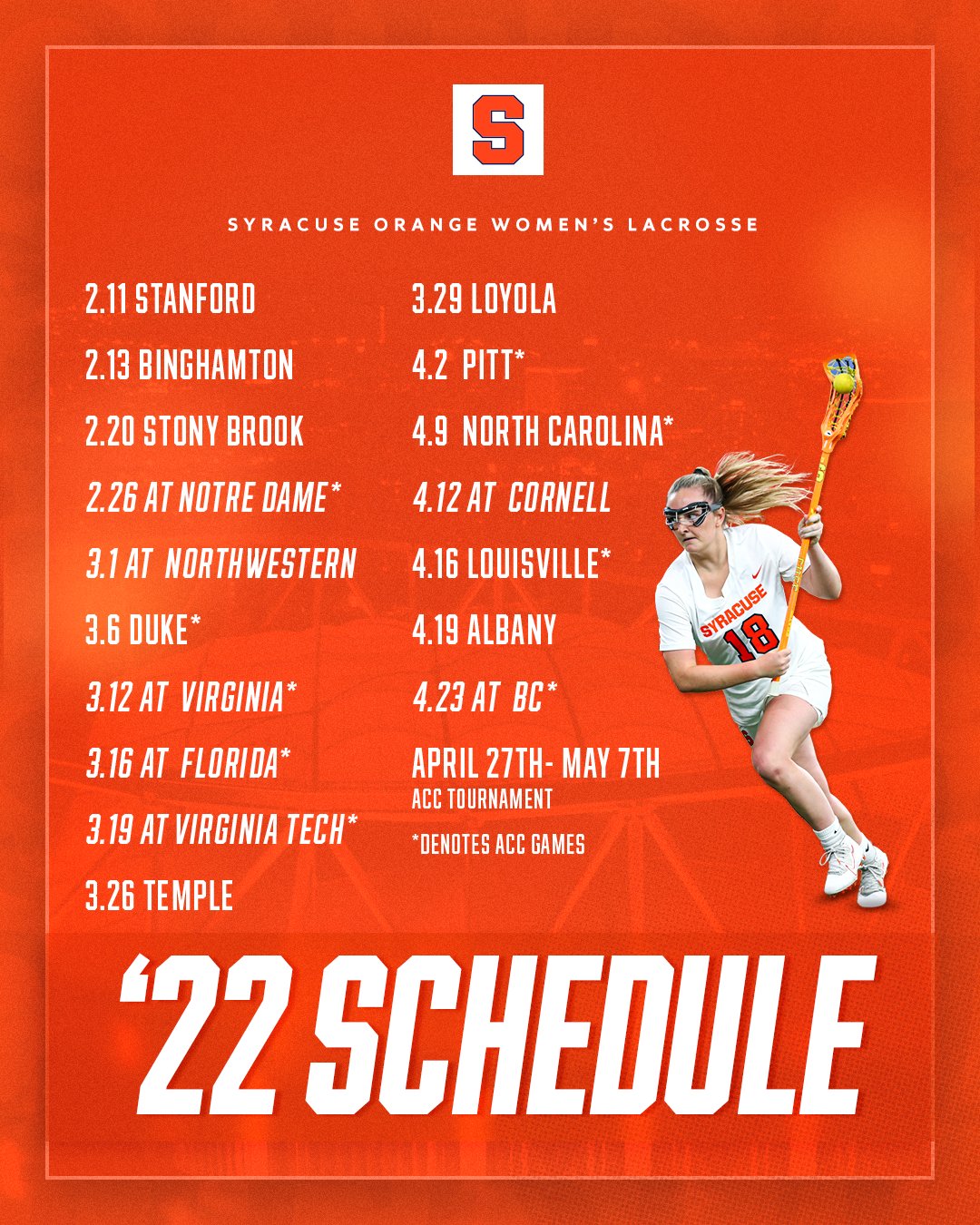 Su Lacrosse Schedule 2022 Syracuse Women's Lacrosse On Twitter: "🗓️ Mark Your Calendars 🗓️ Syracuse  Will Face 11 Teams That Competed In Last Year's Ncaa Tournament In 2022! 2022  Schedule ➡️ Https://T.co/Vlhfzl4Mca Https://T.co/7Swrhqnhtc" / Twitter