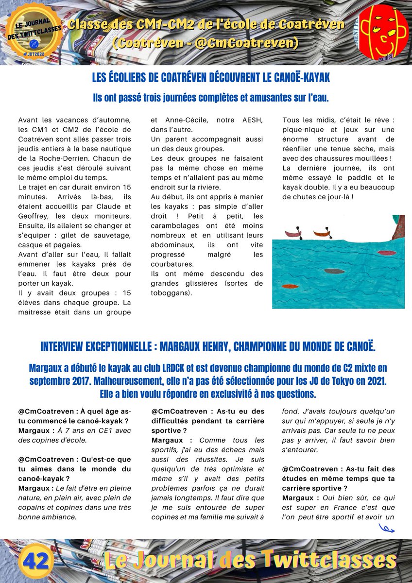 JdTwittclasses's tweet photo. #UnArticleDuJdT
Pour cette 2e découverte, nous vous proposons de lire l'article réalisé par les élèves de CM1-CM2 de @CMCoatreven (#Coatréven) dans le Journal des TwittClasses. #JdT2022
Il parle de canoë-kayak et se trouve en pages 42 et 43 du journal.
Bonne lecture ! https://t.co/CYGPlHQ8iy