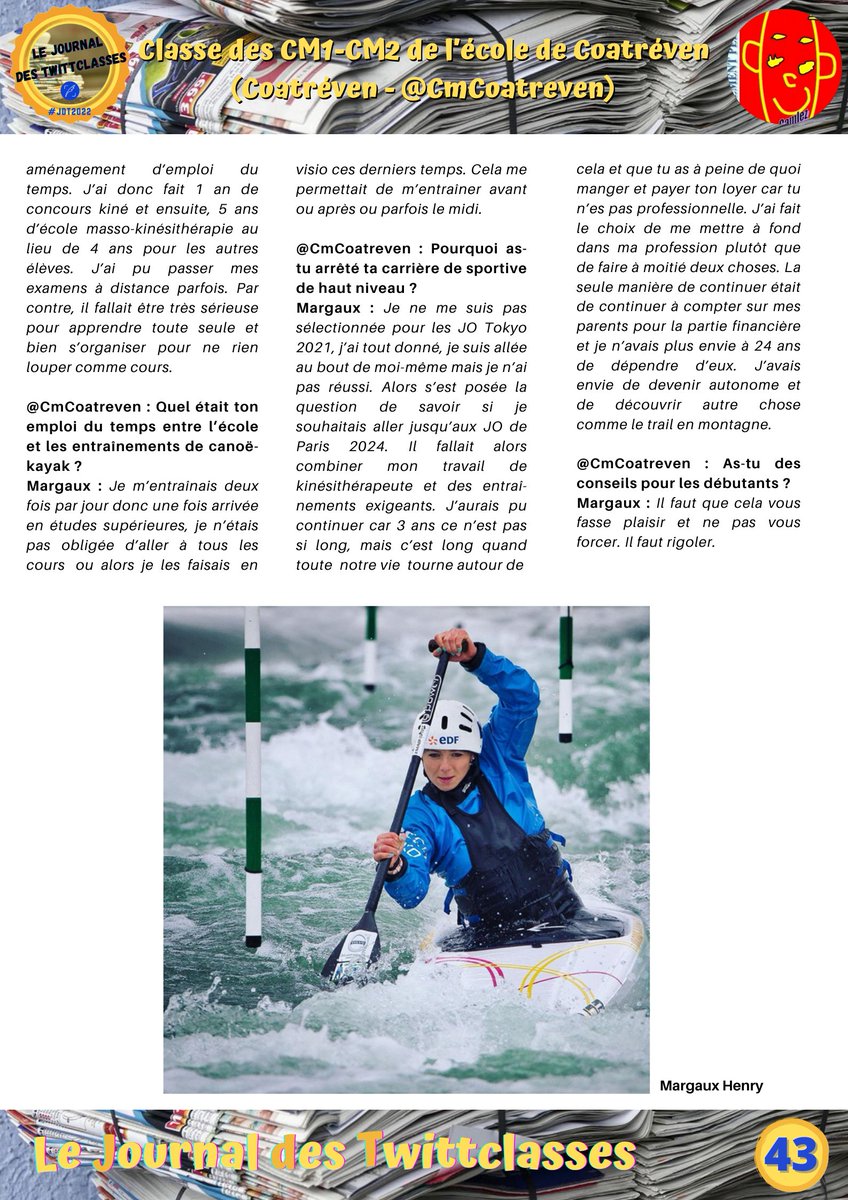 #UnArticleDuJdT
Pour cette 2e découverte, nous vous proposons de lire l'article réalisé par les élèves de CM1-CM2 de @CMCoatreven (#Coatréven) dans le Journal des TwittClasses. #JdT2022
Il parle de canoë-kayak et se trouve en pages 42 et 43 du journal.
Bonne lecture !