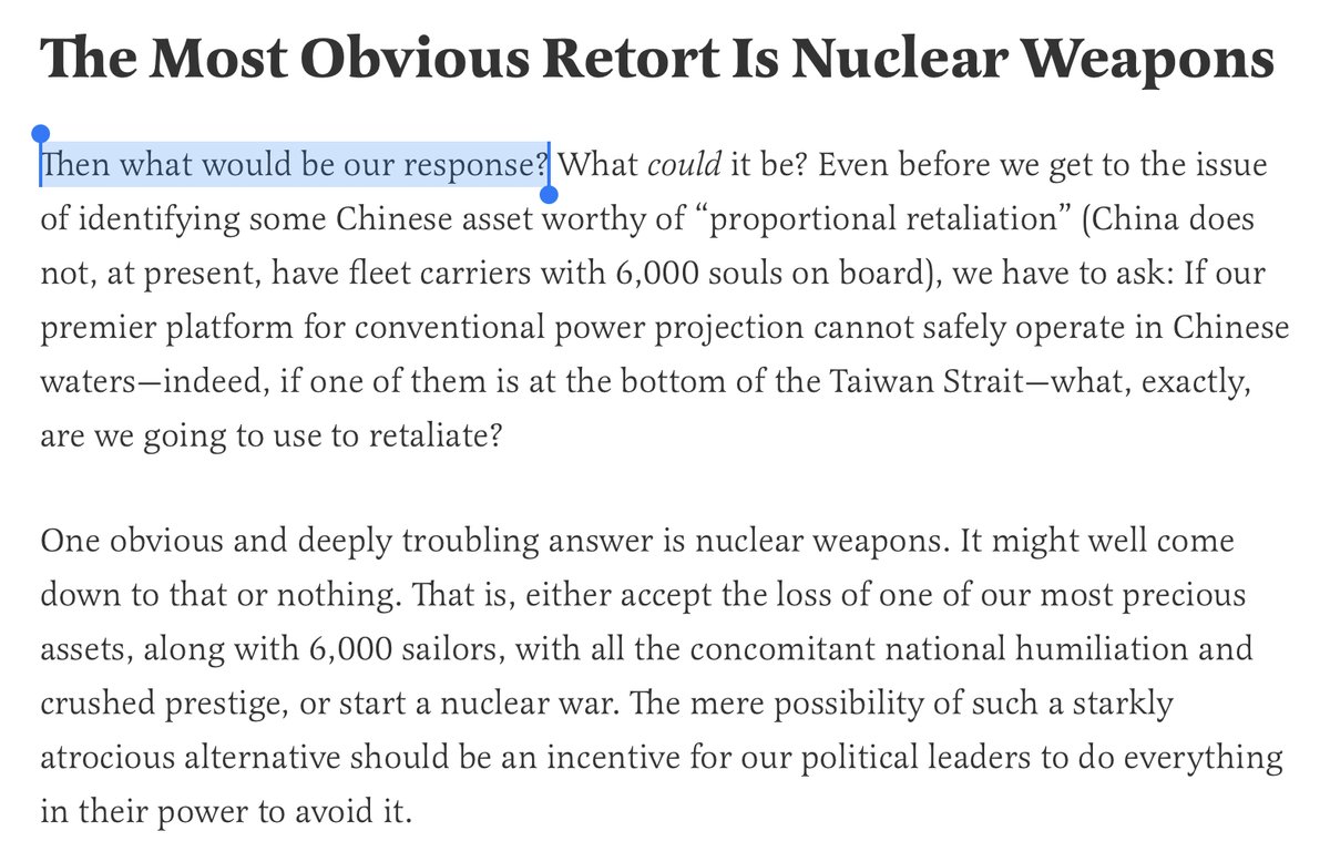 He makes the leap that if the U.S. were to lose a carrier, the obvious next step would be nuclear retaliation, causing Chinese attacks on "undefended" U.S. cities (and here BMD isn't great, but they aren't *entirely* undefended). That next step is far from obvious to me, but ok.