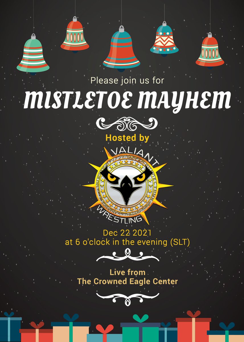 Valiant Army, tonight we welcome you all to the Crowned Eagle Center at 6pm SLT to enjoy a special holiday show put on by our family to yours.

See our wrestlers, both new and established, compete in a holiday themed affair!!

"Mistletoe Mayhem" starts tonight at 6pm SLT!

//🦅