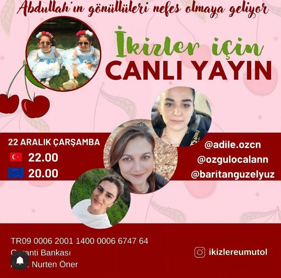 Bu akşam Abdullah'ın gönüllüleri olarak SMA hastası ikizlerin yayındayız bağışlarınıza talibiz. SMA hastası çocuklarımız dayanışma ile yaşayacak Lütfen desteklerinizi esirgemeyin 🙏
<a href="/ikizlereumutol/">🍒 SMA Aysima & Nursima Öner</a> <a href="/Abdullaha_nefes/">Abdullah SMA TİP1 (Valilik izinli kampanya)</a>