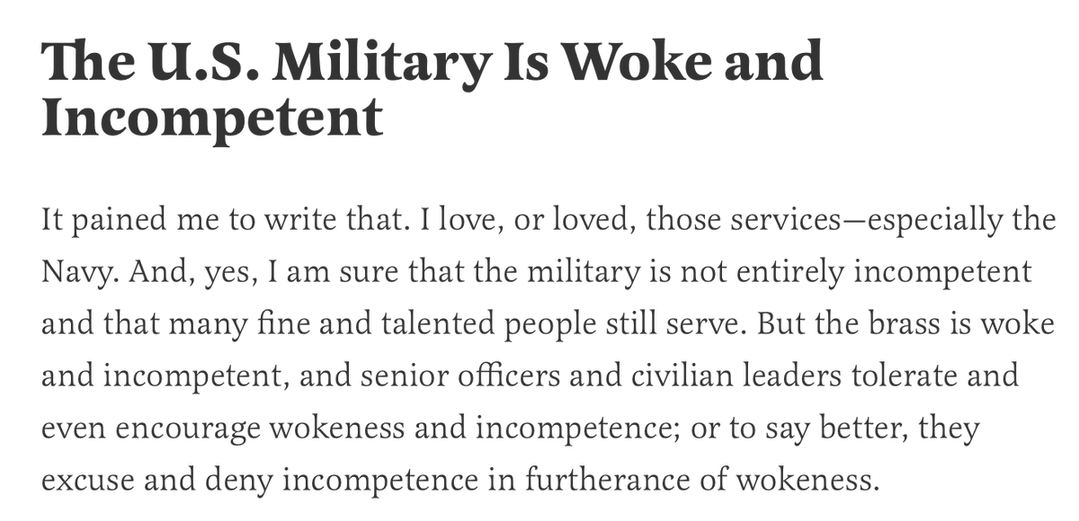 The leads a charge to declare the U.S. military to be "woke and incompetent". Again, one can disagree about prioritization, or how things went or could have gone in Afghanistan.But focuses the charge specifically at the Navy, and uses an odd characterization of facts to do so.