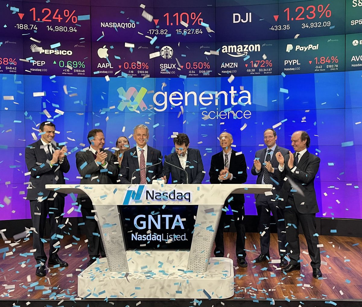 ItalyinNY's tweet photo. Storica quotazione al @nasdaq di GENENTA Science, prima azienda italiana a listarsi nel mercato USA dei titoli Tecnologici. 🇮🇹 leader anche nella ricerca scientifica #genentascience #nasdaq #fightagainstcancer #tecnology #biotech #research #italianresearch https://t.co/2LrpYp8aF3