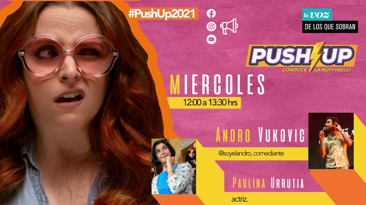losquesobrancl's tweet photo. Hoy en #PushUp2021 con @bruffinelli en el matinal de los flojos:
⚡ Andro Vukovic @soyelandro, comentando los titulares.
⚡ Paulina Urrutia, actriz.
⚡ Columna con Sammy Tarot #TerapiaAntiArruinonas
Sigue le programa en vivo:
https://t.co/6EGVIHsXPx https://t.co/yJeag00t7Q