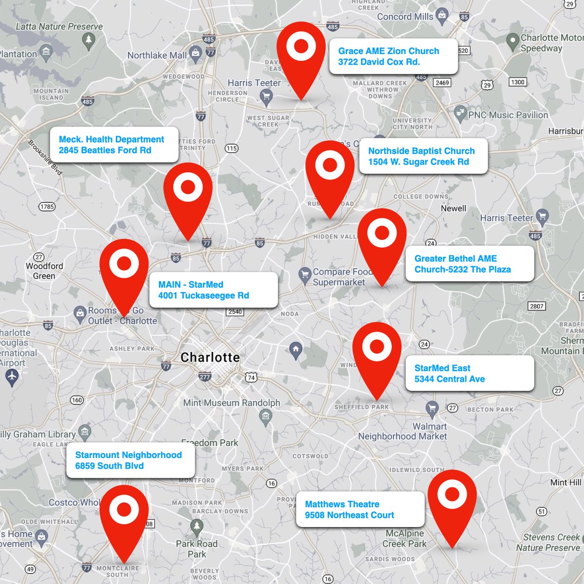 Quick Announcement: We have to spread out. Tuckaseegee has more volume than it needs. Here's a map of all testing and vaccine locations around us. Try one of these other options out for shorter wait times ⭐️⭐️⭐️⭐️⭐️ unityphr.com/campaigns/star…