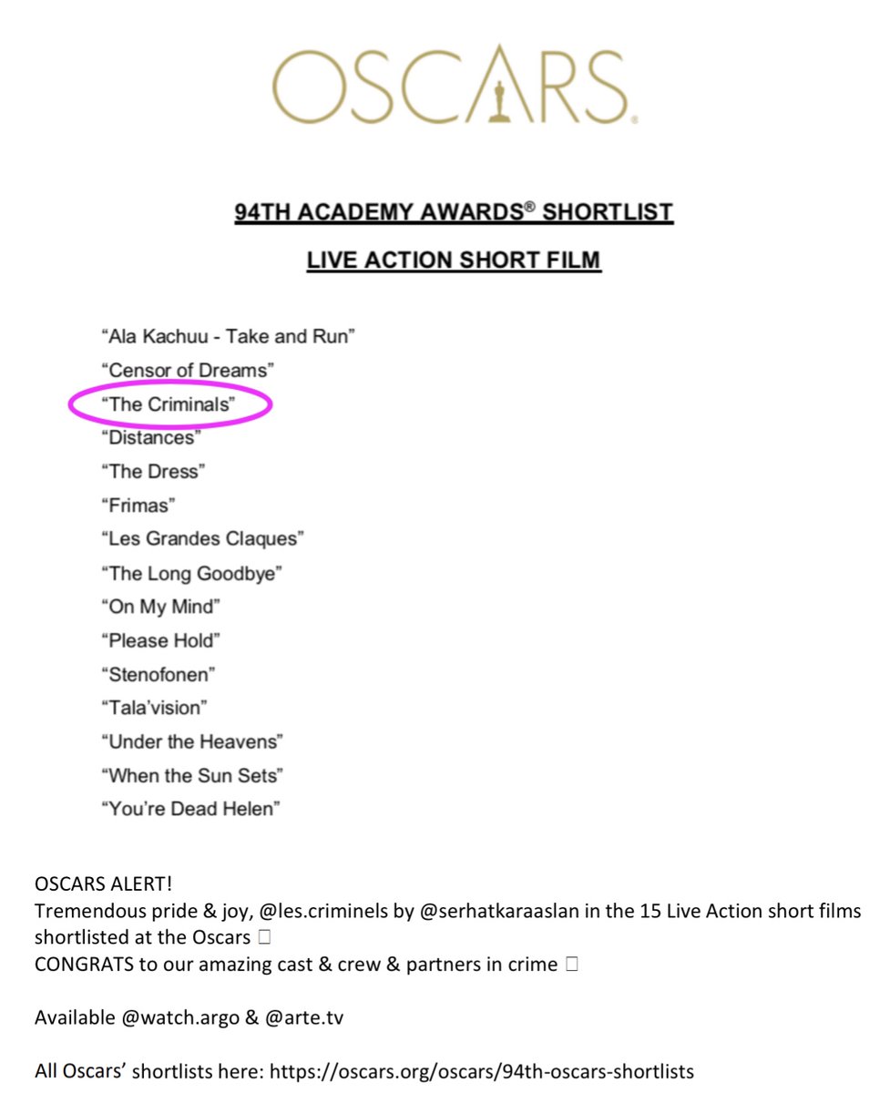 'The Criminals' in the 15 Live Action short films shortlisted at the Oscars!

'Suçlular'' Oscar kısa listeye kalan 15 filmin arasında!

#Thecriminalsfilm #Lescriminelsfilm #Oscars2022 #Oscars #AcademyAwards 

Available on <a href="/ARTEfr/">ARTE</a> and Argo