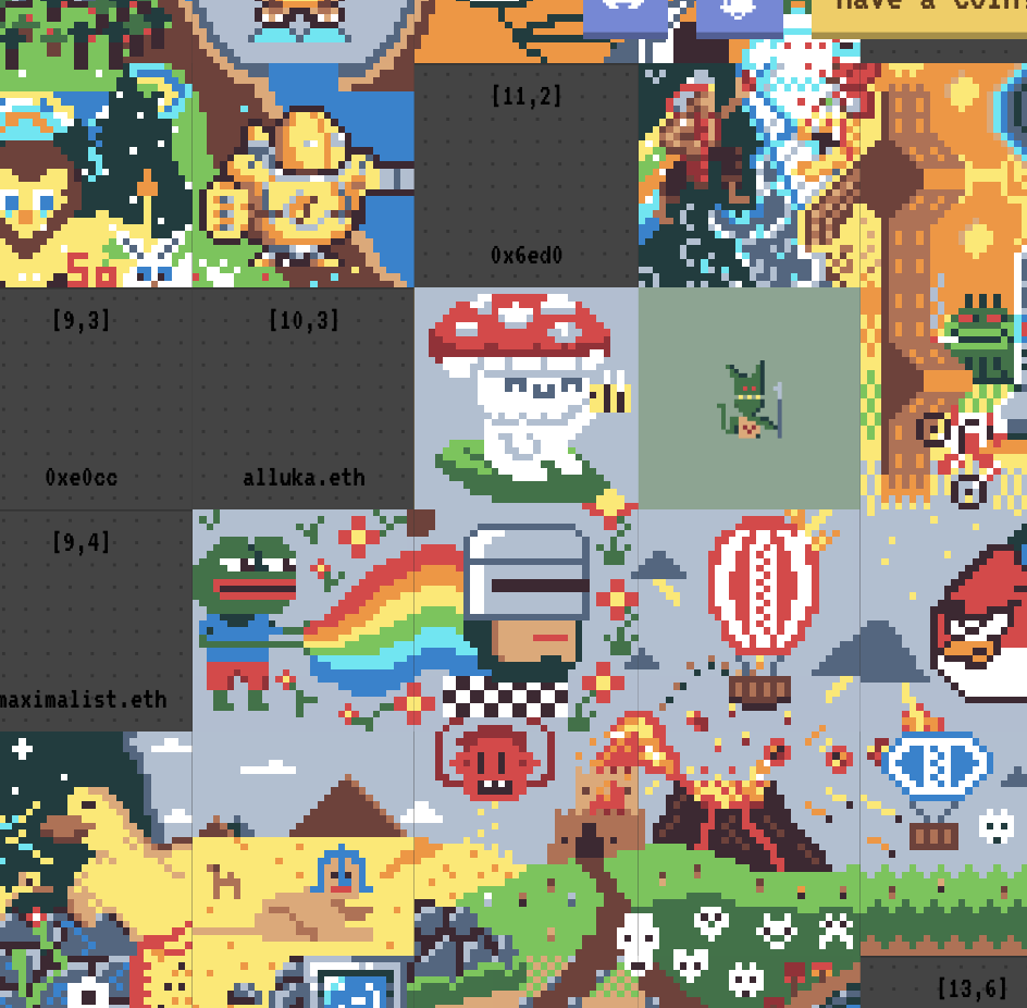 mumbot's tweet photo. Had fun making pixel art for the first time! Here's my tile for @exquisiteland ..."Shumi Mushrumi &amp; Bigby the Bee" hanging out on a leaf! 🍄🌱🐝 just above the rainbow Robocop! 

#mumbot #mumbotworld #xqstland #pixelart https://t.co/fi3gOOgIWw