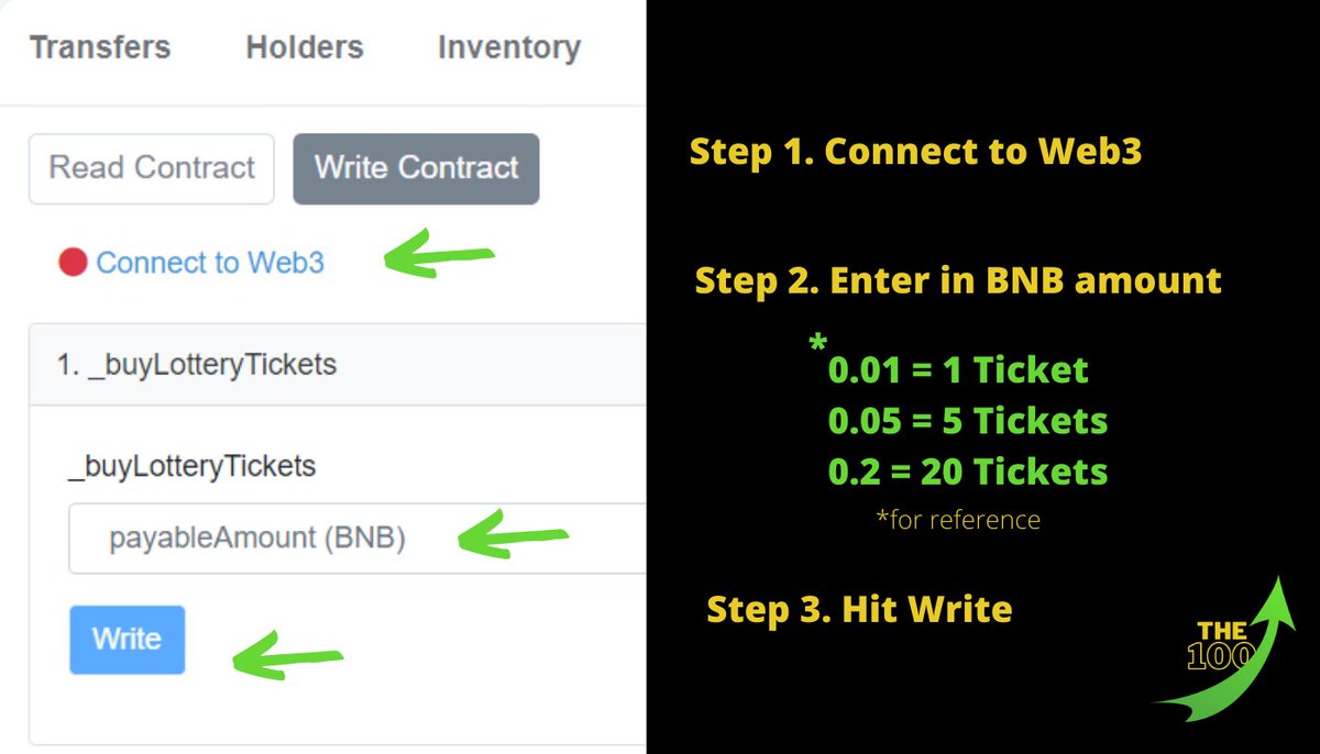 The100Token's tweet photo. The Lottery

There is 100 tickets available. 
Each ticket is in the form of an NFT.

Each mint cost 0.01 BNB
After 100 tickets (1BNB) have been minted, a winner will be selected.

The winner receives .5 BNB. 
The other .5 BNB - Buy Back and Burn. 

Everyone can play. Link in Bio. https://t.co/PIabSt2JXL