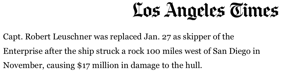 I don't know what his definition of "on the spot" is, but the carrier in question, USS Enterprise, ran aground on November 2nd, 1985. The CO was relieved of command more than two months later, in late January of 1986.