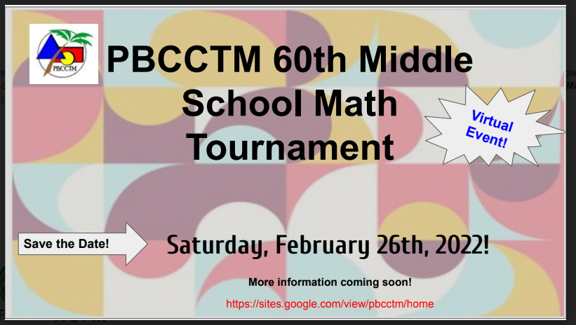 PBCCTMath's tweet photo. Attention Palm Beach County Middle School Math Teachers! It is almost time for our Annual Middle School Math Tournament.  Visit our website for more information.
https://t.co/zBHGt19e4M https://t.co/CZ4NS4uZG9