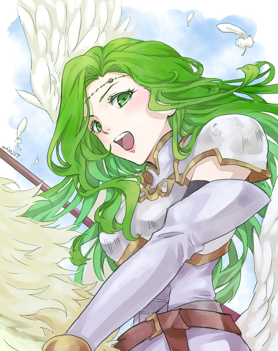 1girl green hair long hair green eyes armor wings solo  illustration images