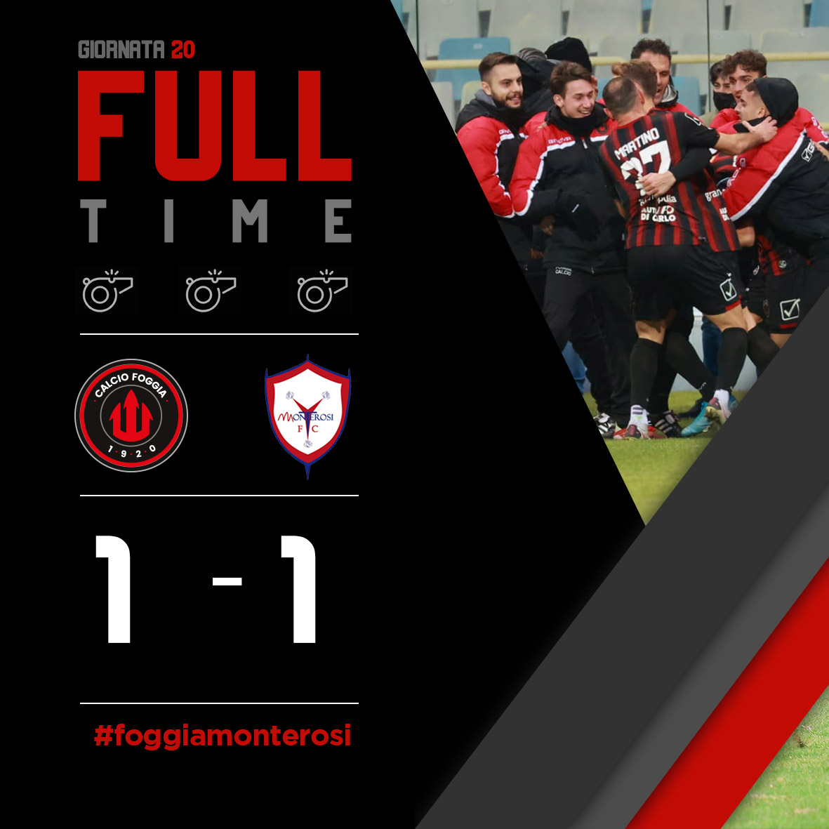CalcioFoggiaoff's tweet photo. 🔴𝗙𝗨𝗟𝗟 𝗧𝗜𝗠𝗘⚫
Fischio finale allo #Zaccheria 
#Foggia 1️⃣ #Monterosi 1️⃣
#RizzoPinna la riprende al 90'. 
Una cosa è certa questi ragazzi non mollano mai

#ForzaFoggia #ForzaRagazzi 
#FOGMTU #Restart https://t.co/y9ZbV3brwd