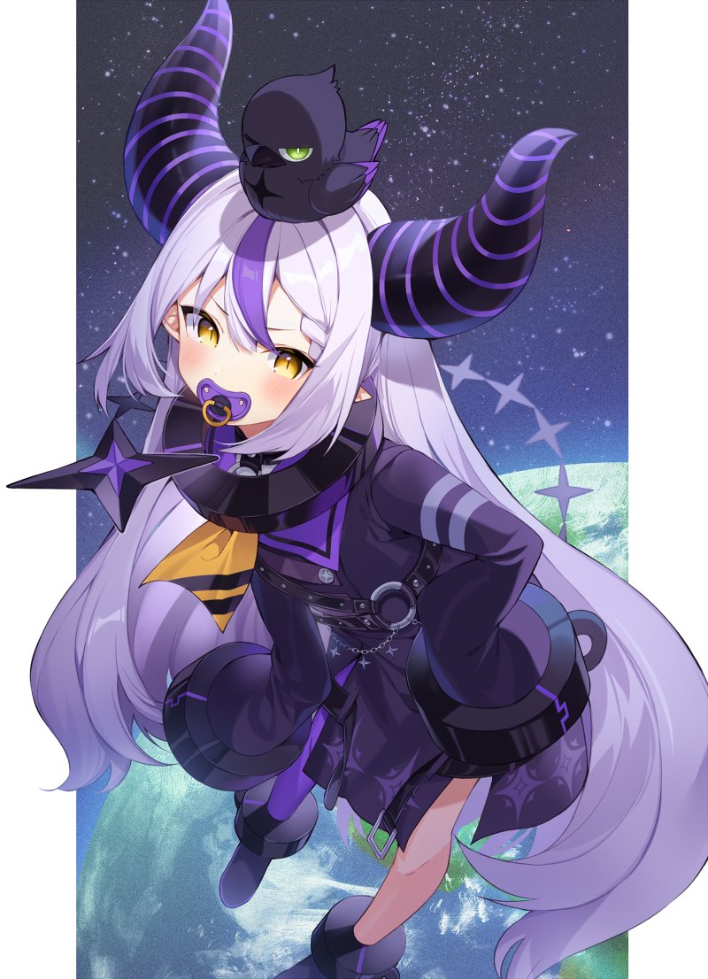 la+ darknesss 1girl horns on head long hair sleeves past fingers sleeves past wrists purple hair  illustration images