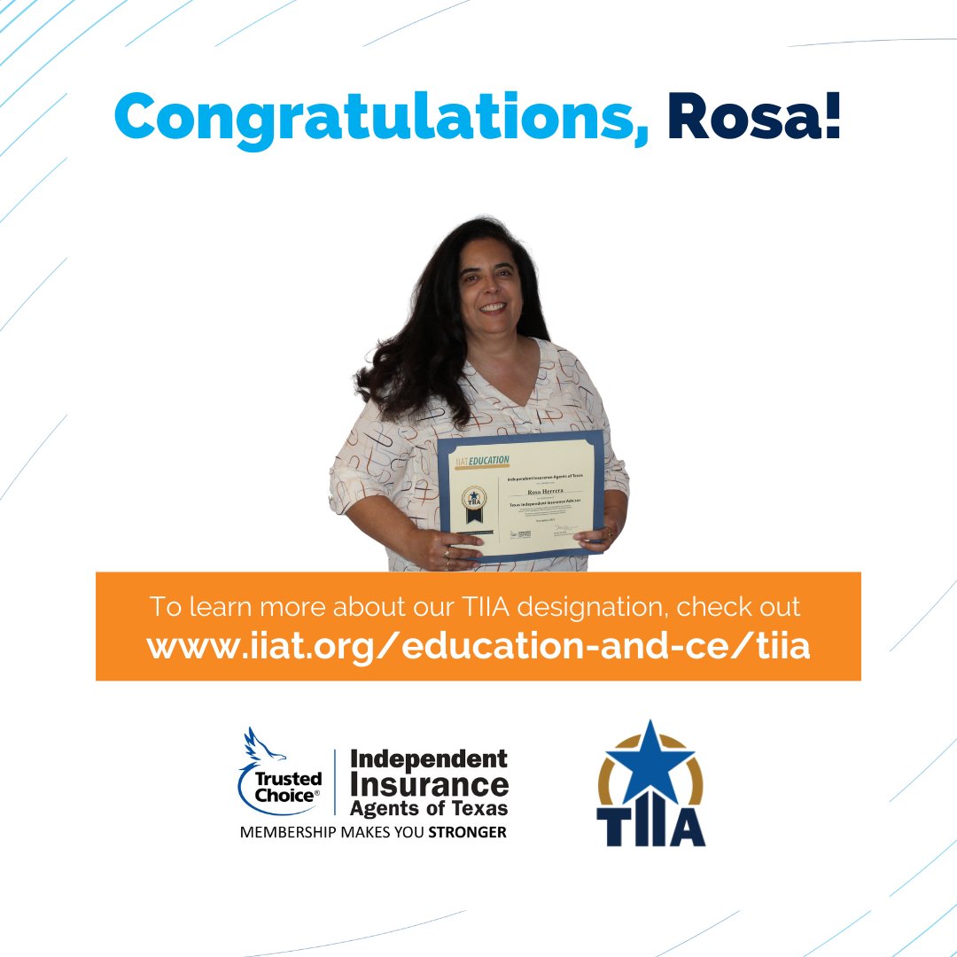 iiatexas's tweet photo. Congratulations on your achievement, Rosa M. Herrera! 👏👏
To learn more about our TIIA designation, check out https://t.co/CuwKGFrzPC or call 800.880.7428.
#IIAT #TexasIndependentInsuranceAdvisor #TIIA
#MembershipMakesYouStronger #KeepGrowingLearning https://t.co/GDdu3SLqI4