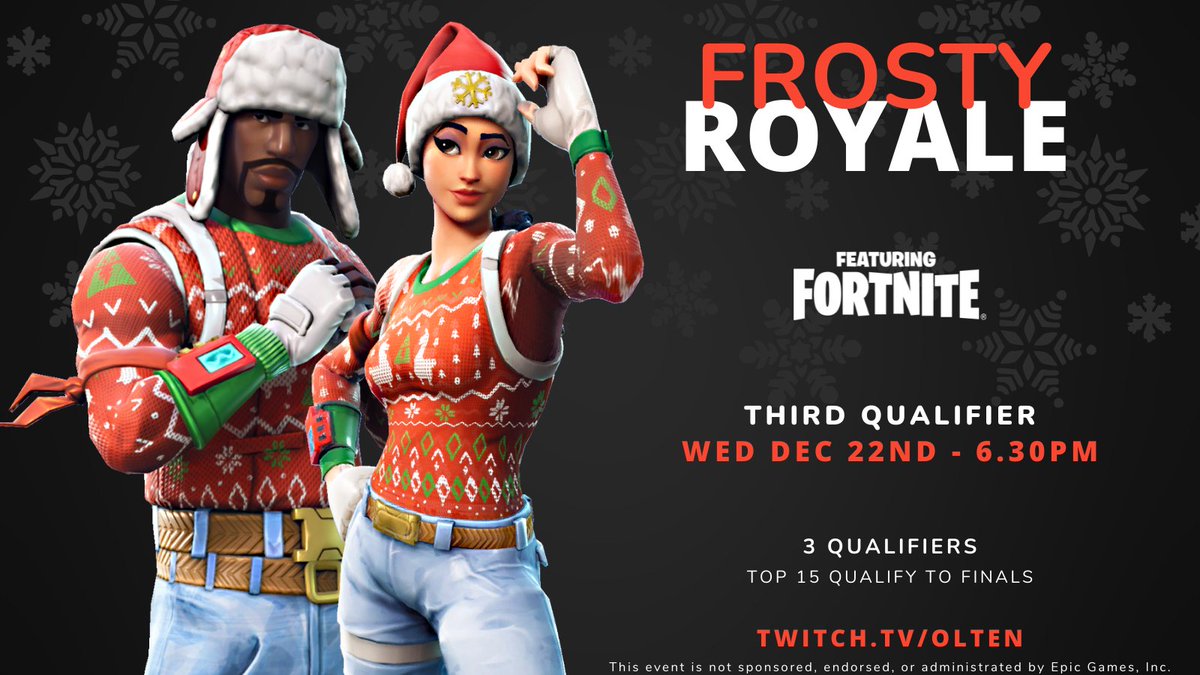 0lten's tweet photo. Your final chance to qualify...

❄️$500 Duo Frosty Royale❄️

🔹Today at 6:30pm GMT / 7:30pm CET
🔹Top 15 Qualify to Finals
🔹4 Games - No Zone Rules

➡️Sign up here: https://t.co/fiamU2gknI

One person who RTs &amp; Follows @0lten &amp; @BurtleGurtle will win a spot in finals! https://t.co/CWHf8ERyQM