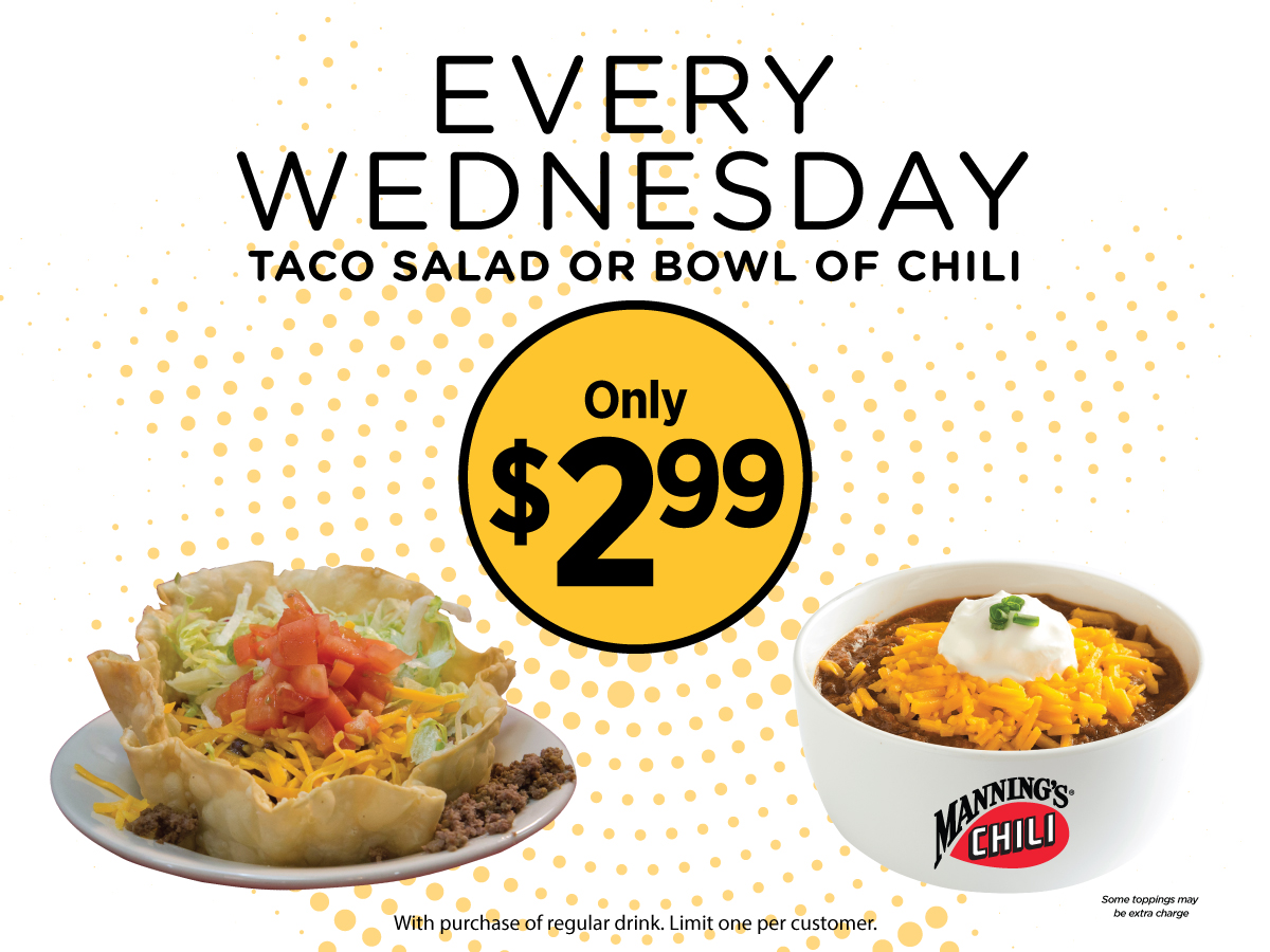 NuwayB's tweet photo. Grab a friend and stop by NuWay for lunch! All day long, get a Taco Salad or a Bowl of Chili for just $2.99 with the purchase of a regular drink. Limit one per customer. https://t.co/LiUgQNp4Vz