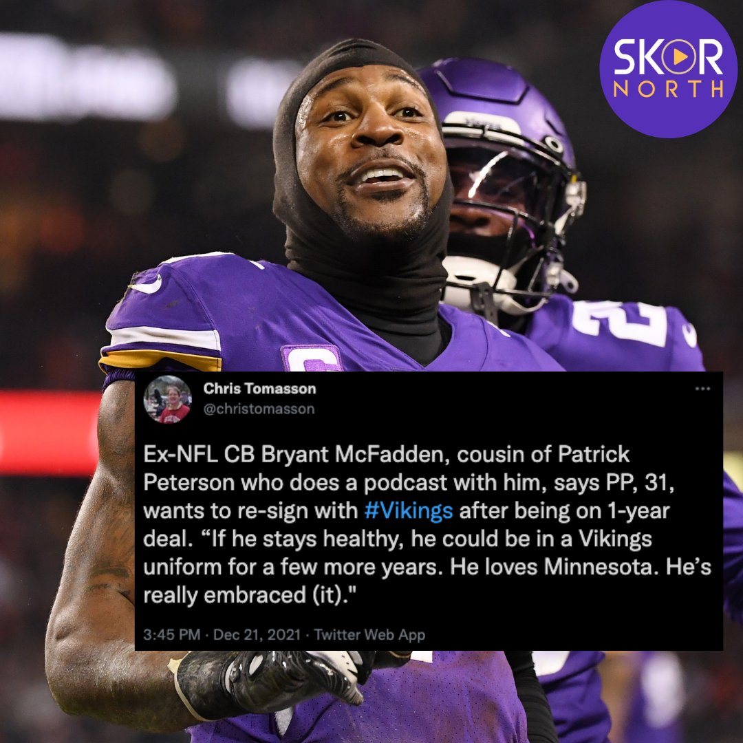 SKOR North - Minnesota Sports (@skornorth) on Twitter photo STICKING AROUND: Patrick Peterson is open to returning to the Minnesota #Vikings after the 2021 season. πͺ STICKING AROUND: Patrick Peterson is open to returning to the Minnesota #Vikings after the 2021 season. πͺ