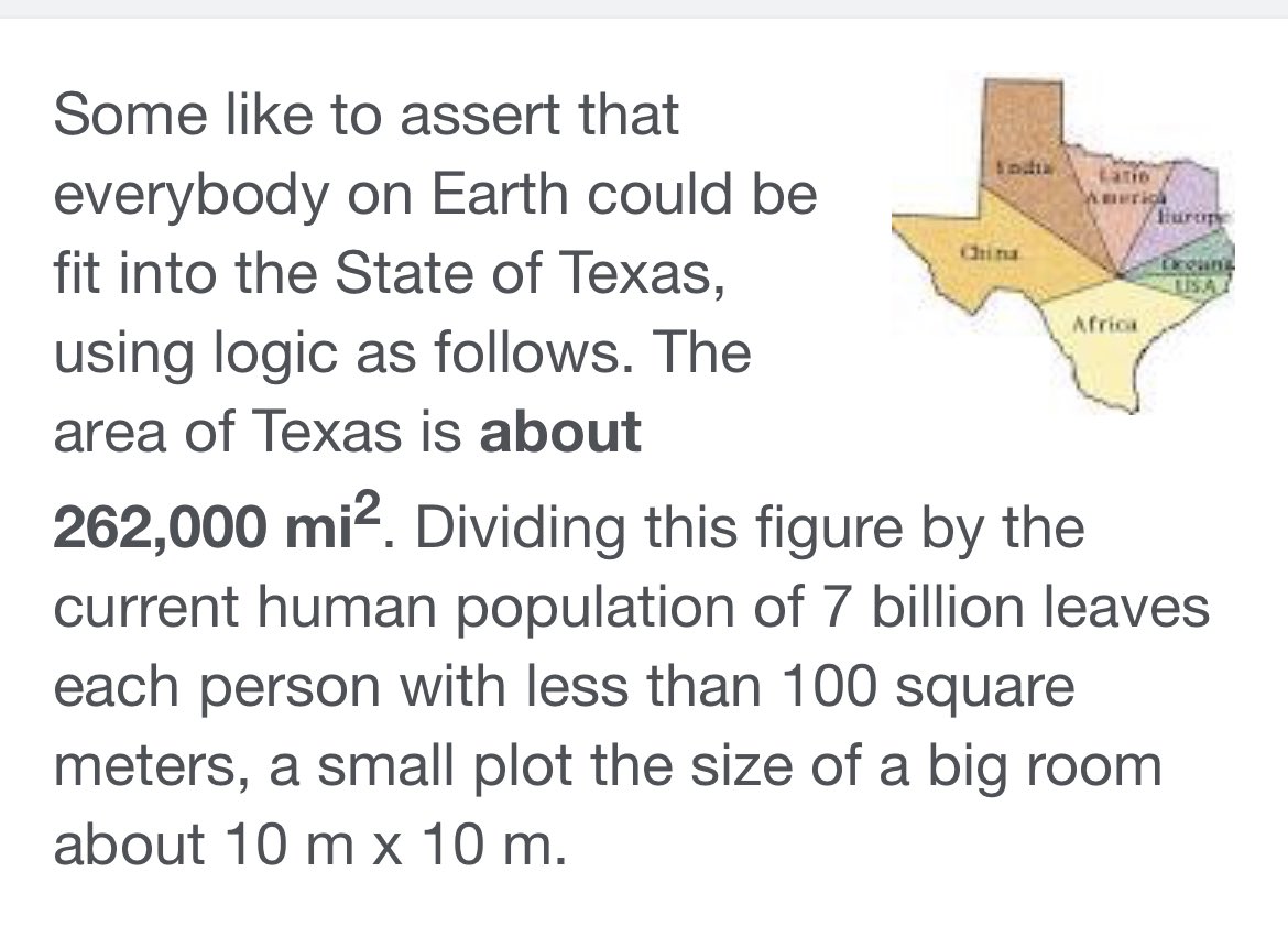 SecludedIndigo's tweet photo. @olofwandersson @GretaThunberg Definitely a myth . There’s enough land in the world for everyone to fit in Texas . We need to end the over population myths &amp; the idea that there isn’t enough resources for everyone . https://t.co/aT3Dm41Mey
