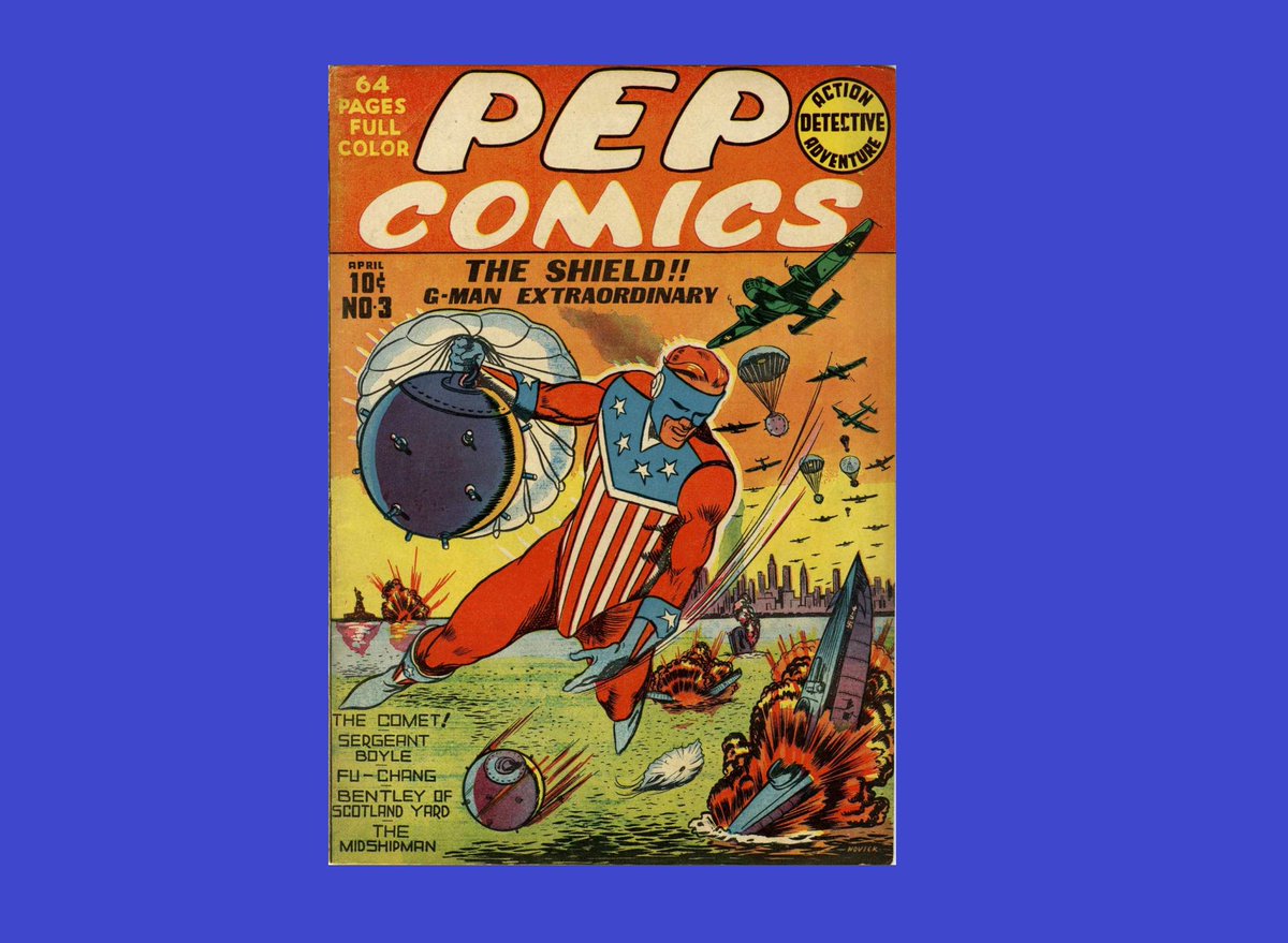 HeroesUnited_4's tweet photo. #TheShield - #MLJ Comics (Archie Comics)-The #Shield, G-Man Extraordinary, (Joe Higgins) in #PepComics Issue #3, March 1940. Shield stops attack on #NYC, parachute vibration mines on #NewYork's shipping lanes near Statue of Liberty! Attack led by Count Zongarr from undersea city! https://t.co/ysmuyZ19pj