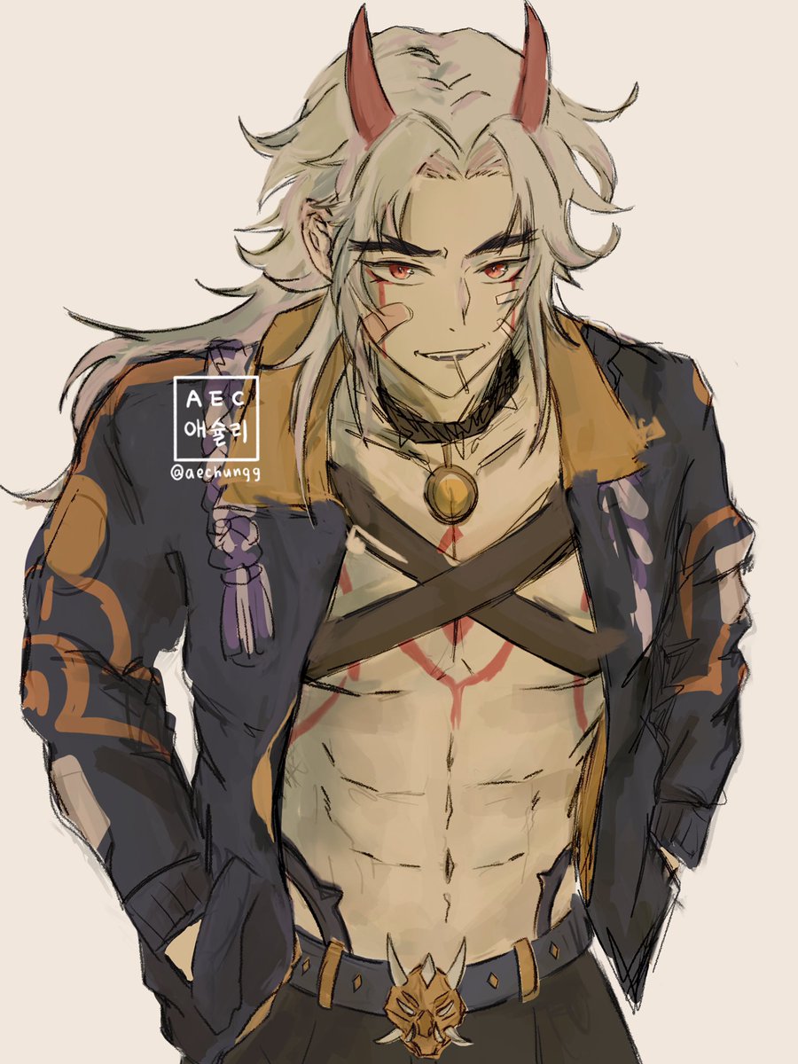 荒泷一斗 「Wip of the one and oni #itto #原神 」|Ashley • 애슐리のイラスト