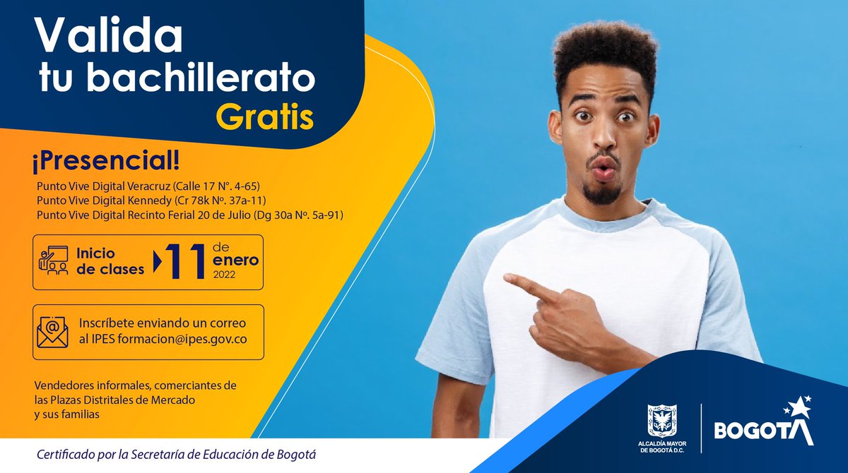 IPESBogota's tweet photo. ¿Quieres terminar tus estudios básicos?✅
Inscríbete enviando un correo a formacion@ipes.gov.co y valida los estudios en básica primaria y bachillerato.👩🏻🎓🧑🏽🎓👨🏼🎓
La inscripción y los cursos son totalmente gratis.👍🏼
El #IPESteImpulsa a cumplir tus metas.📚https://t.co/ULro6E9Hp6 https://t.co/D5HxsPhiNZ