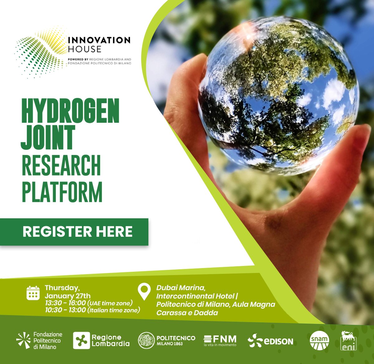 FondaPoliMi's tweet photo. Hydrogen JRP, la piattaforma di ricerca creata da FPM con @polimi, @EdisonNews, @eni e @snam con l’obiettivo di promuovere studi innovativi sull’idrogeno, sarà al entro di un evento ad Ih il 27 Gennaio. 
👉🏼Per iscriverti e vedere il programma clicca qua: https://t.co/c6kCJkkXAN https://t.co/B3VDC4AAV6