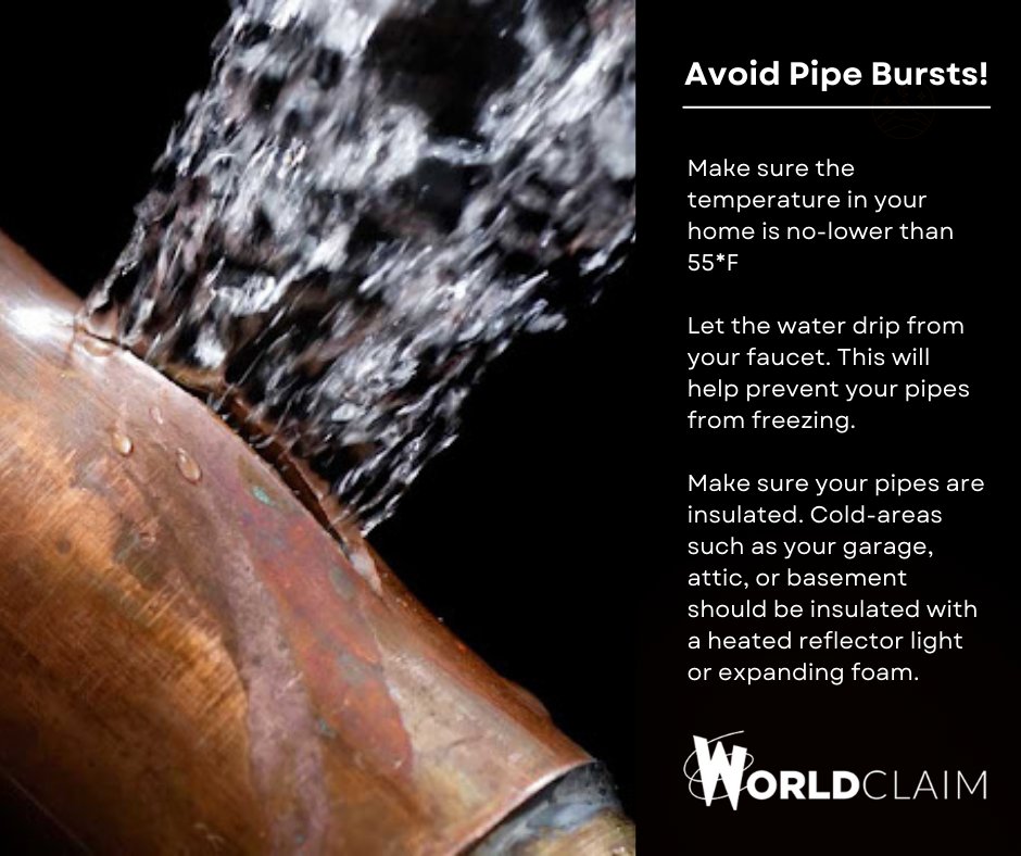 worldclaim's tweet photo. As the weather gets colder, your pipes are more at-risk to freeze, or even burst!
Water expands when it freezes, resulting in pipe bursts and significant damage.
Stay dry this holiday season, and let's make sure you're covered for the unexpected.
#WorldClaim #PipeBurst https://t.co/TP8tU8vtMs