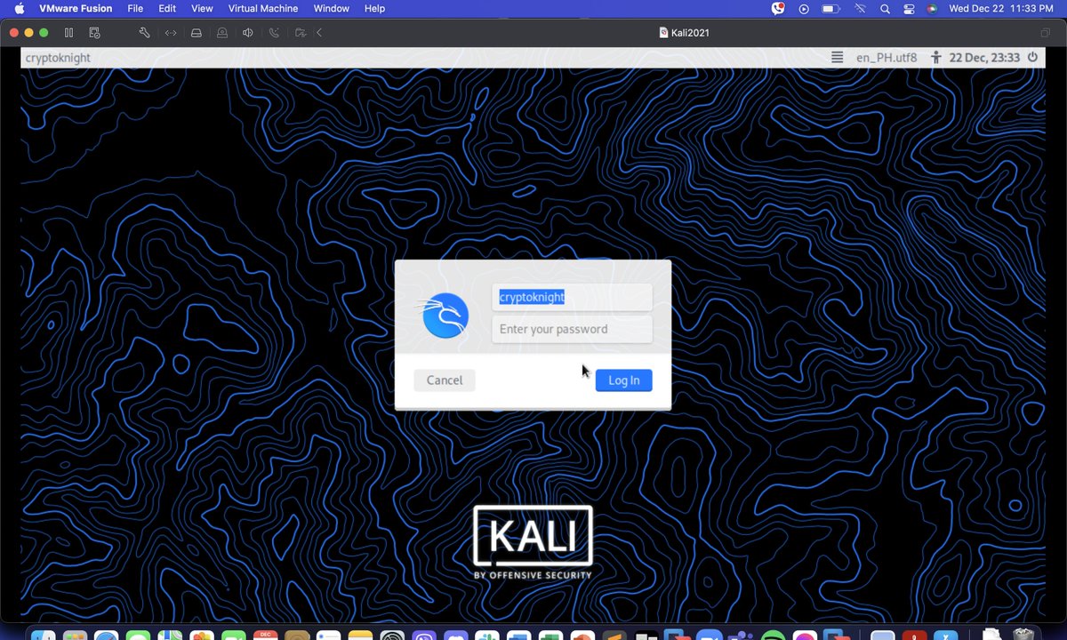_huntsmansec's tweet photo. Finally able to run Kali 2021.4 in VM Fusion Tech Preview over Silicon chip! phew. #devicemigration #newenvironment https://t.co/aBHLEVvxMF