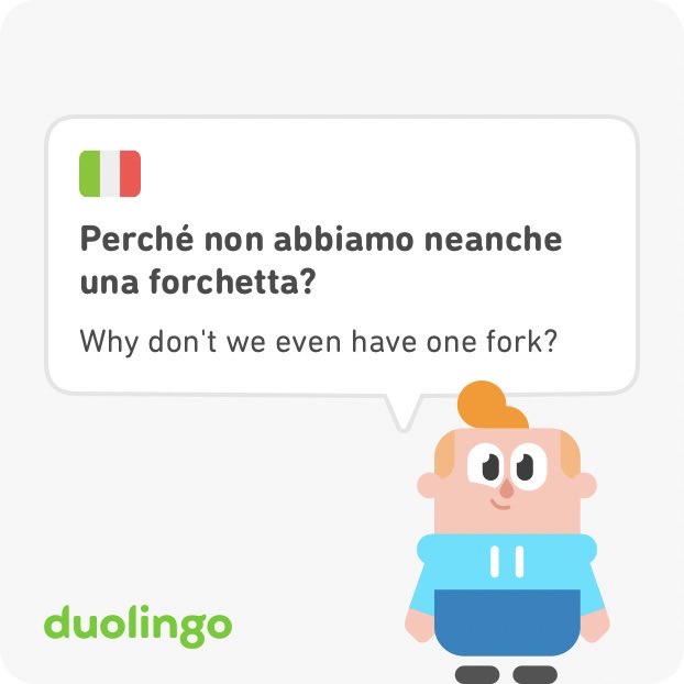 Practicing my Italian on ⁦<a href="/duolingo/">Duolingo</a>⁩ and I told ⁦@billvanlooteach⁩ I need to memorize this sentence to say in our school’s staff lounge. No forks? #teacherproblems Happy break!! ⁦<a href="/A2schools/">A2 Public Schools</a>⁩