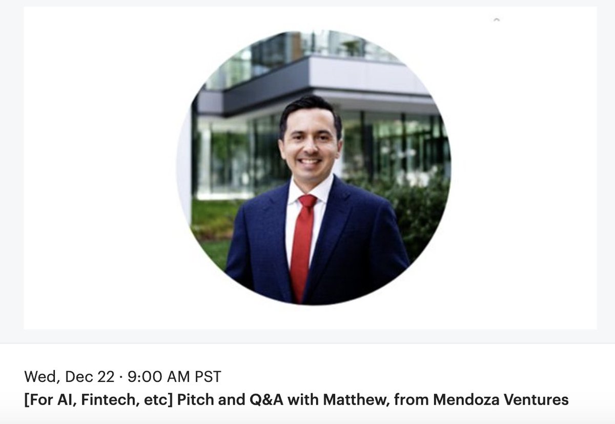 trypotlatch's tweet photo. [This will start in 1 hour]
Pitch and Q&amp;A for AI, Fintech, Cybersecurity startups with Matthew Archuleta, Venture Fellow at @MendozaVentures 

Don't miss it!
Event link: https://t.co/jHRPihc8RY

Please don't forget to follow us! (https://t.co/hsBQFFFwXE) https://t.co/BEkVYWuoSi
