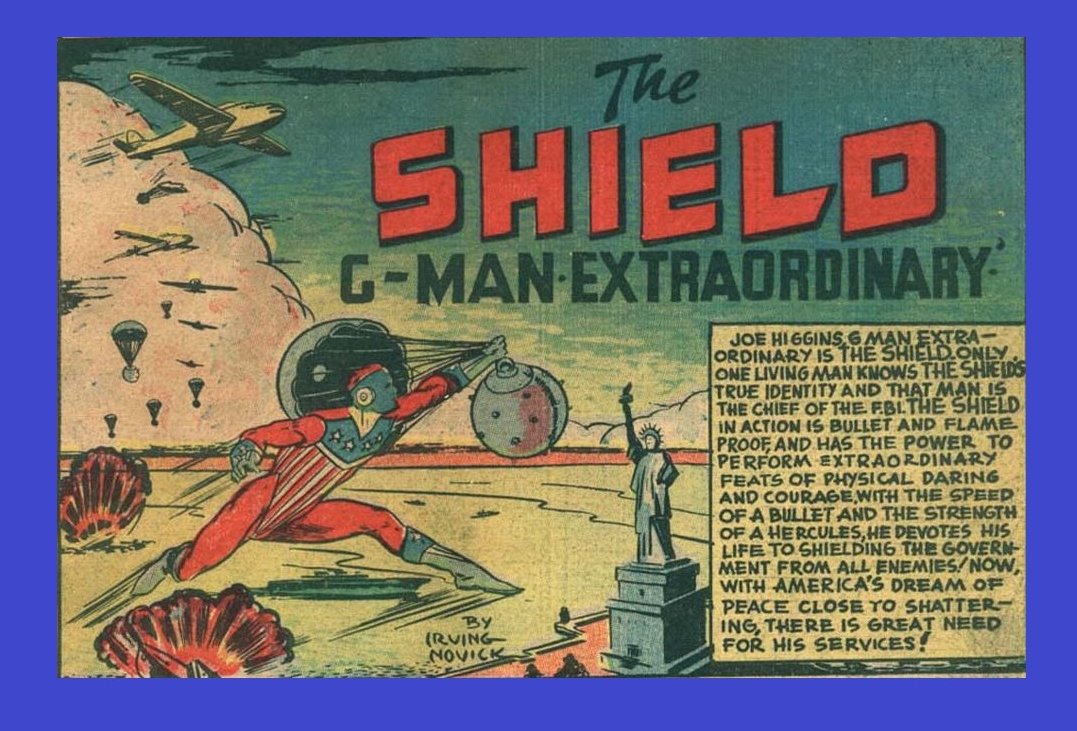 HeroesUnited_4's tweet photo. #TheShield - #MLJ Comics (Archie Comics)-The #Shield, G-Man Extraordinary, (Joe Higgins) in #PepComics Issue #3, March 1940. Shield stops attack on #NYC, parachute vibration mines on #NewYork's shipping lanes near Statue of Liberty! Attack led by Count Zongarr from undersea city! https://t.co/dydOnecyjm