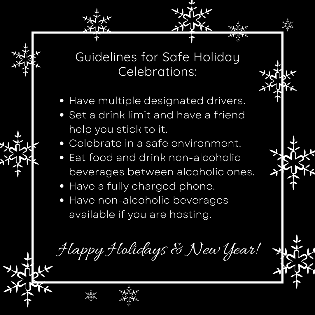 Have a safe holiday season by following these responsible drinking guidelines while celebrating! Happy Holidays and New Year from the UNT SURE Program.
